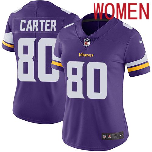 Women Minnesota Vikings #80 Cris Carter Nike Purple Vapor Limited NFL Jersey->women nfl jersey->Women Jersey